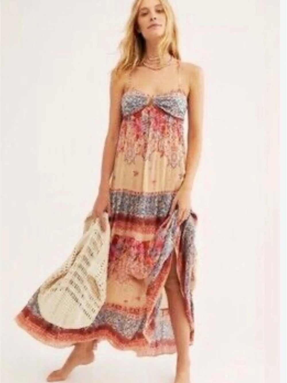 Free People Give A Little Maxi Slip Floral Maxi Slip in Cream Size Small NWT